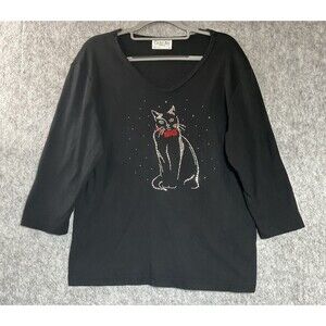 Cactus Bay Shirt Womens Large Black Rhinestone Kitty Cat Mom Top Teacher  *
